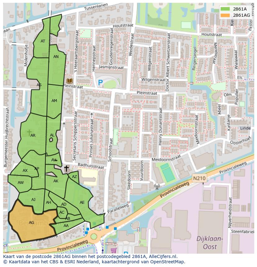 Afbeelding van het postcodegebied 2861 AG op de kaart.