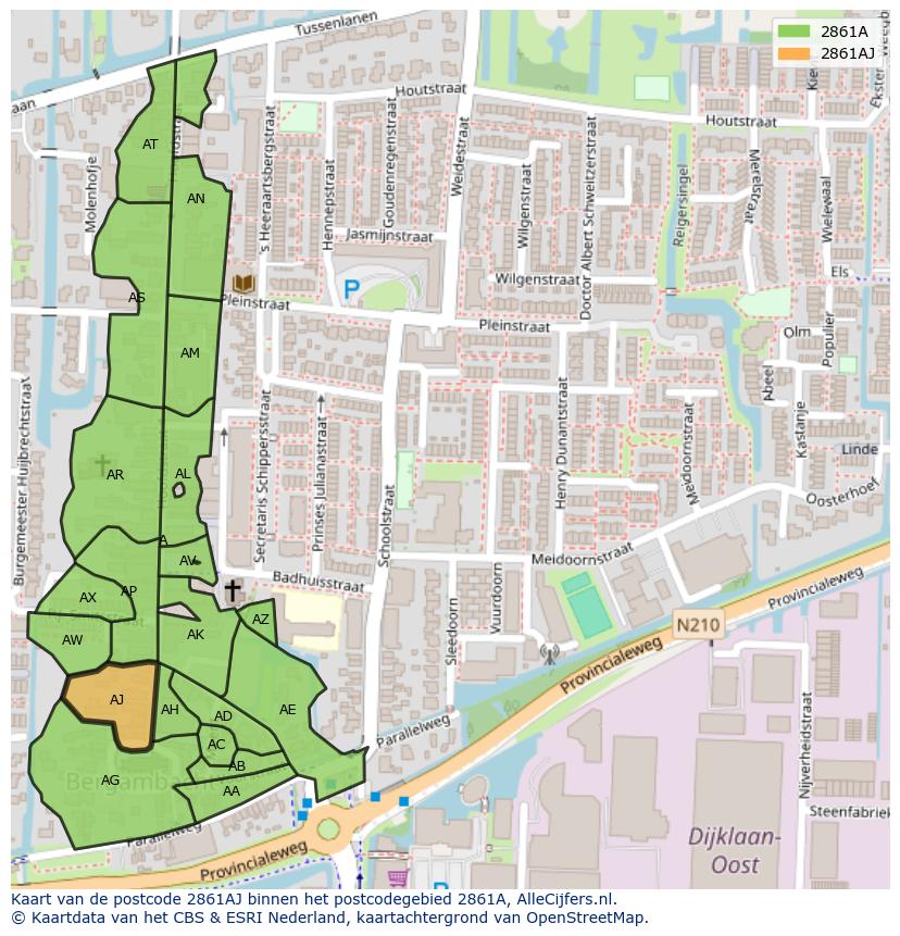Afbeelding van het postcodegebied 2861 AJ op de kaart.
