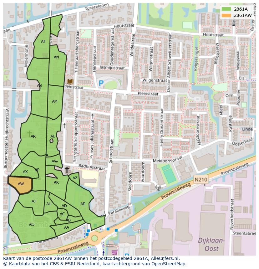 Afbeelding van het postcodegebied 2861 AW op de kaart.