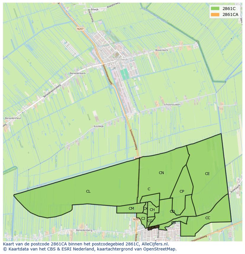 Afbeelding van het postcodegebied 2861 CA op de kaart.