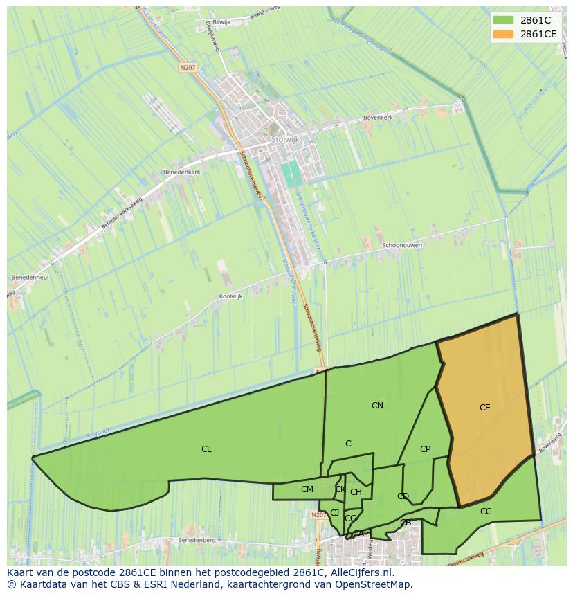 Afbeelding van het postcodegebied 2861 CE op de kaart.