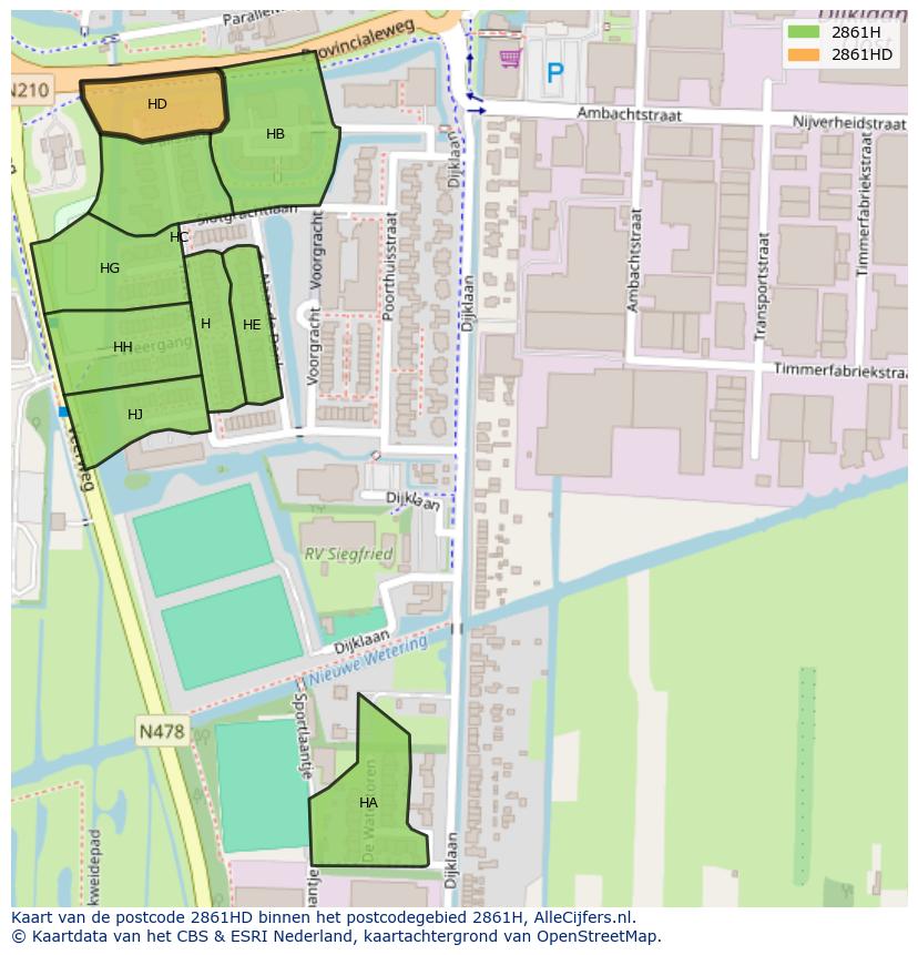Afbeelding van het postcodegebied 2861 HD op de kaart.
