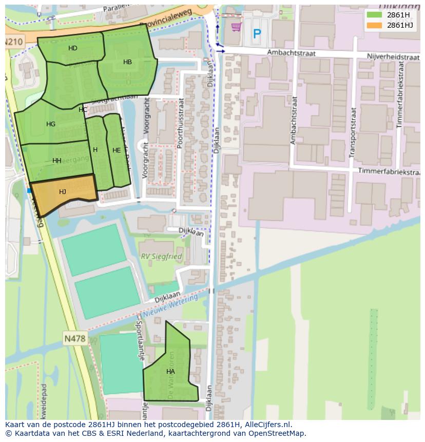 Afbeelding van het postcodegebied 2861 HJ op de kaart.