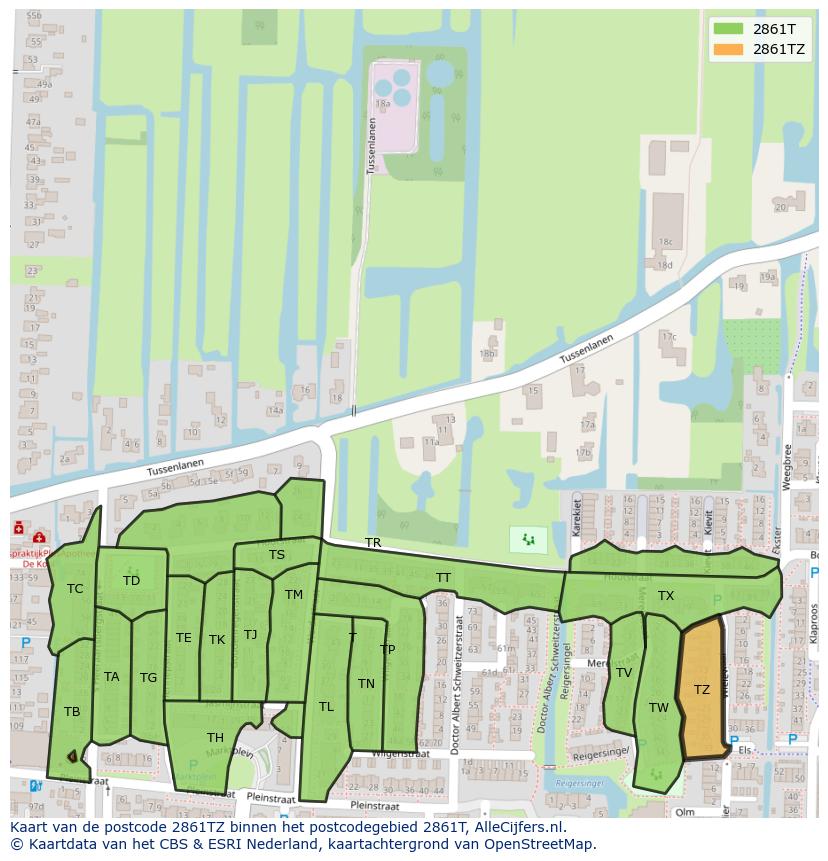 Afbeelding van het postcodegebied 2861 TZ op de kaart.