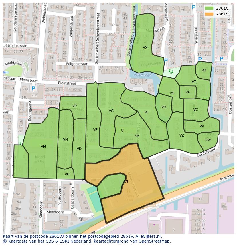 Afbeelding van het postcodegebied 2861 VJ op de kaart.