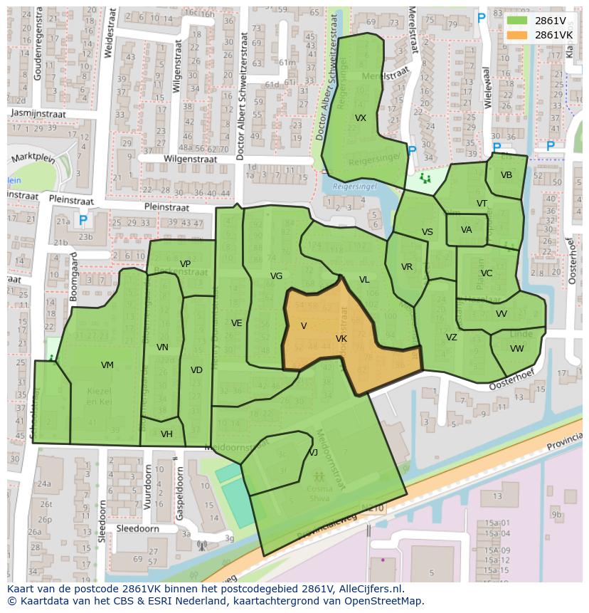 Afbeelding van het postcodegebied 2861 VK op de kaart.