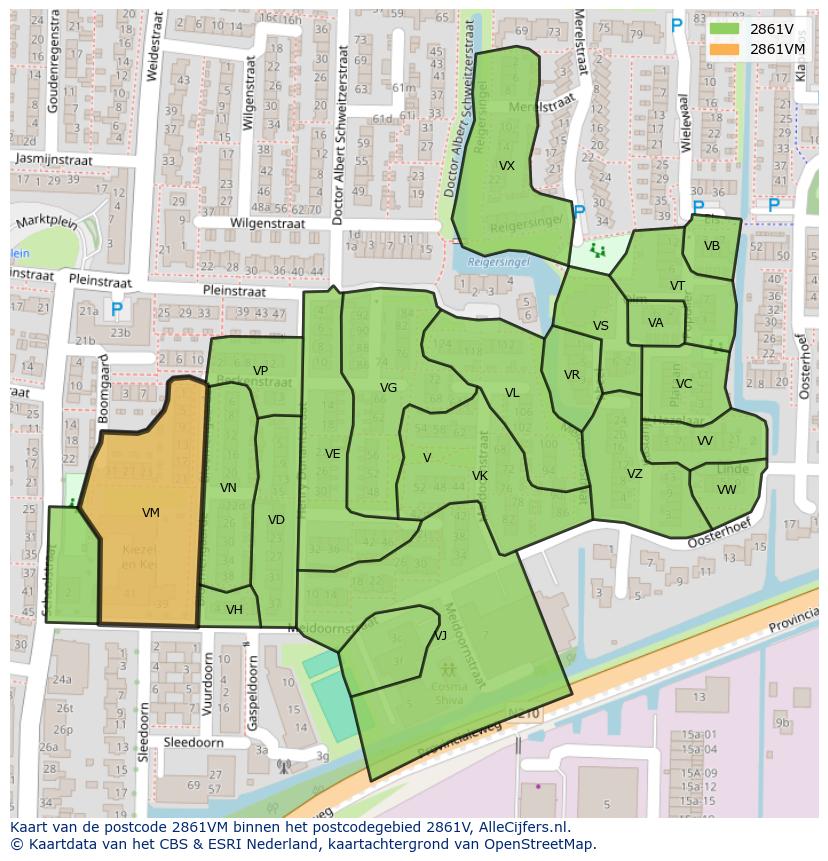 Afbeelding van het postcodegebied 2861 VM op de kaart.