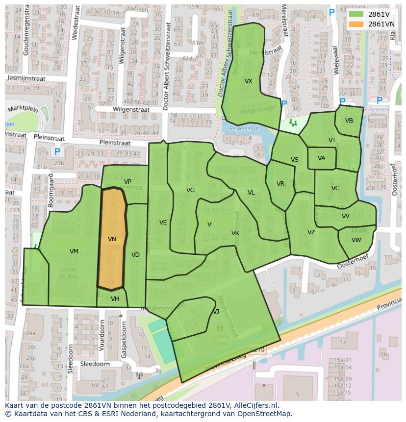 Afbeelding van het postcodegebied 2861 VN op de kaart.