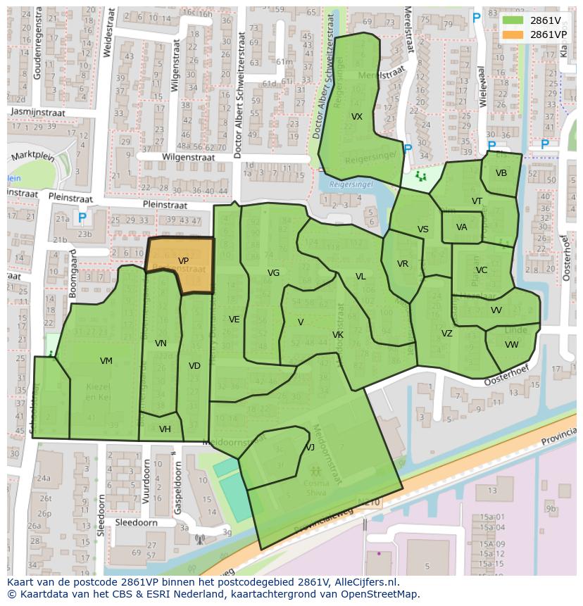 Afbeelding van het postcodegebied 2861 VP op de kaart.
