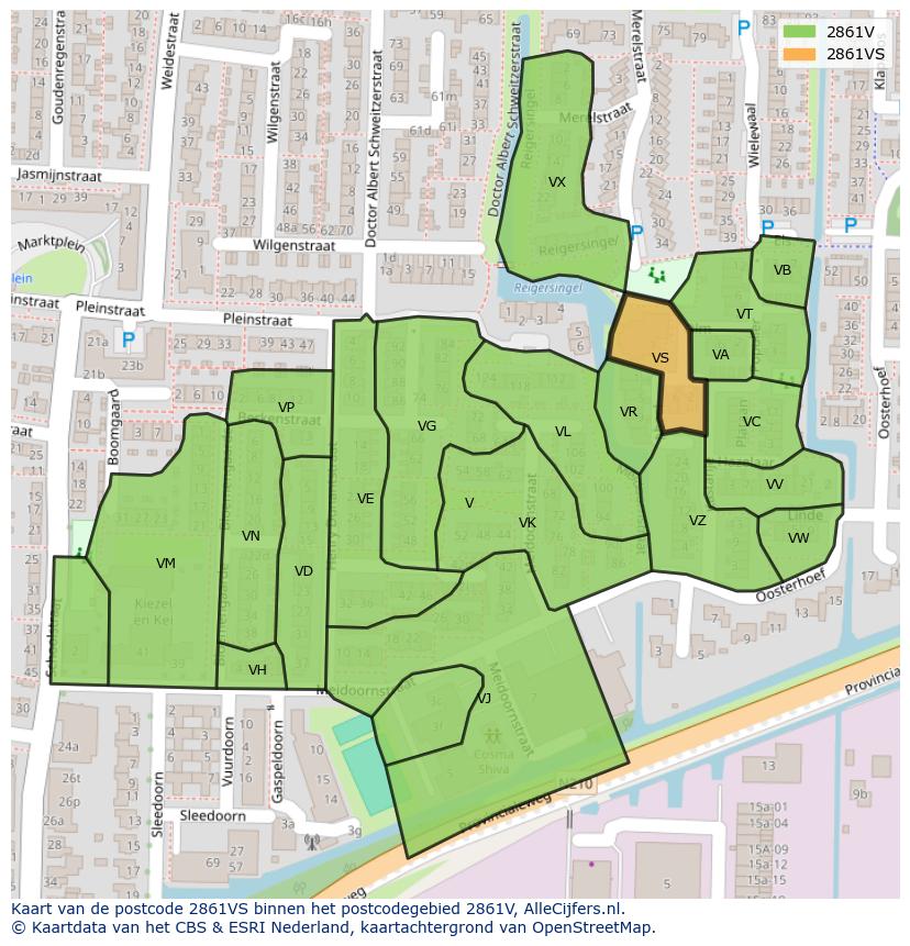 Afbeelding van het postcodegebied 2861 VS op de kaart.