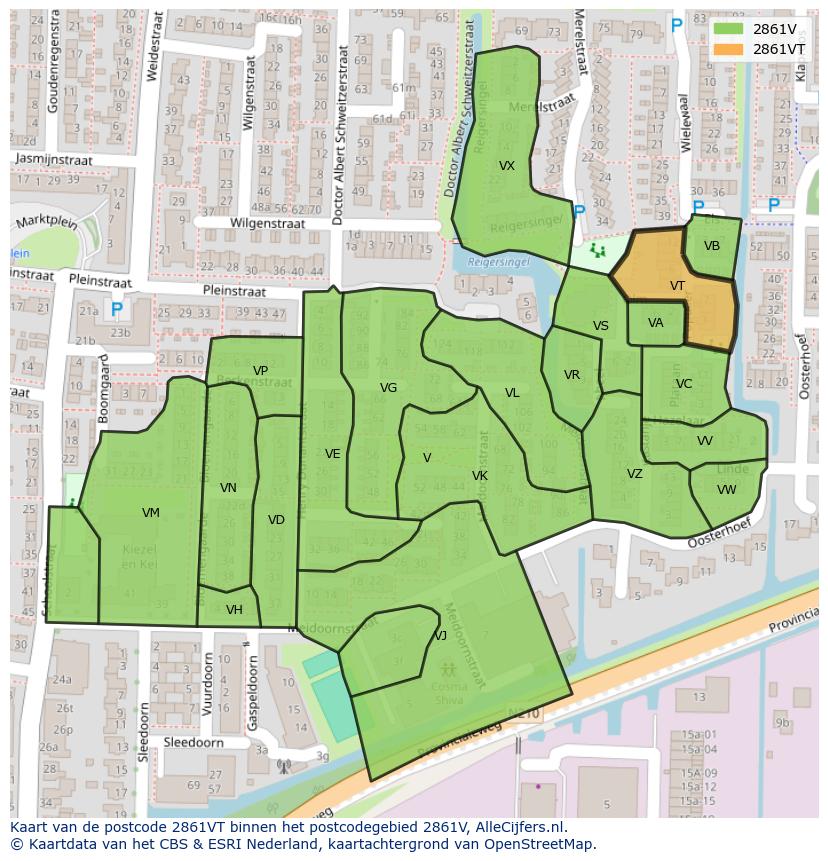 Afbeelding van het postcodegebied 2861 VT op de kaart.