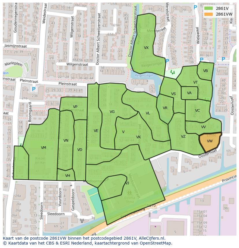 Afbeelding van het postcodegebied 2861 VW op de kaart.