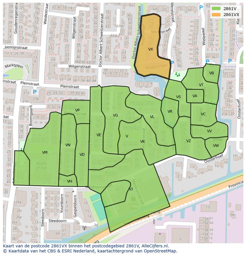 Afbeelding van het postcodegebied 2861 VX op de kaart.