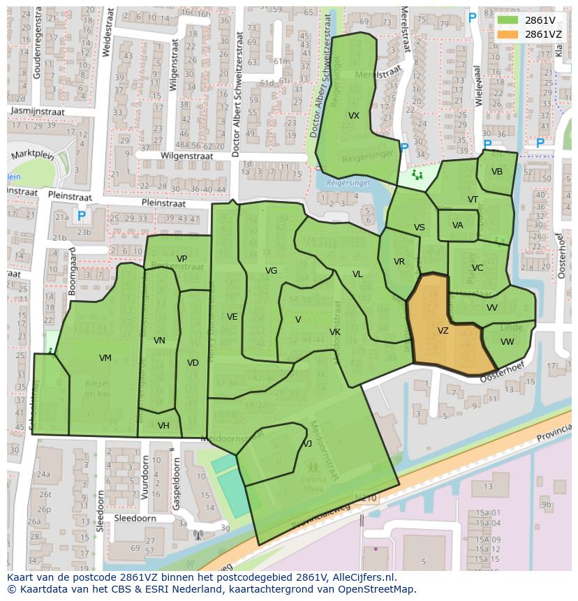 Afbeelding van het postcodegebied 2861 VZ op de kaart.