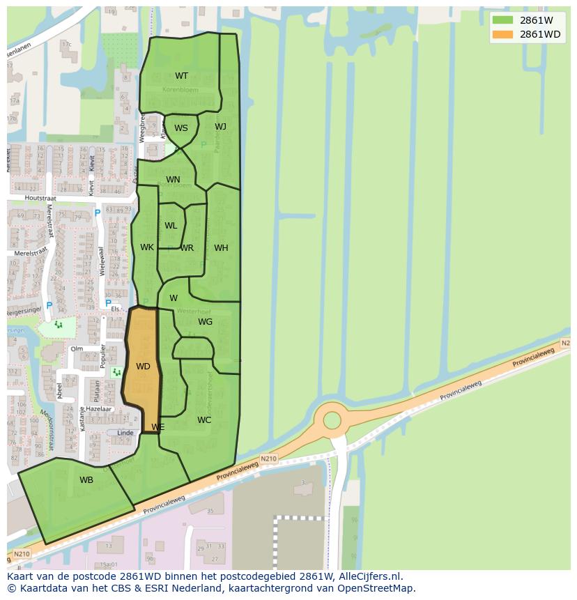 Afbeelding van het postcodegebied 2861 WD op de kaart.
