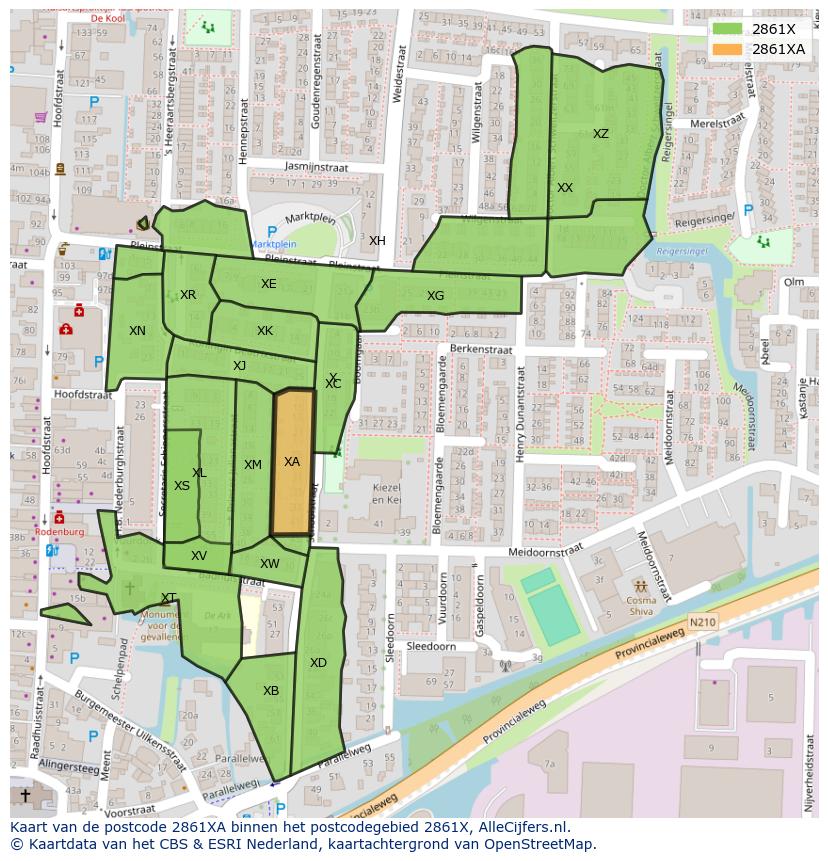 Afbeelding van het postcodegebied 2861 XA op de kaart.