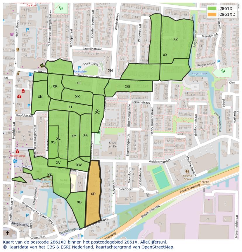 Afbeelding van het postcodegebied 2861 XD op de kaart.