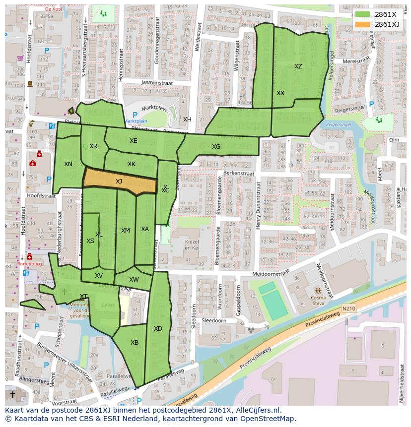 Afbeelding van het postcodegebied 2861 XJ op de kaart.