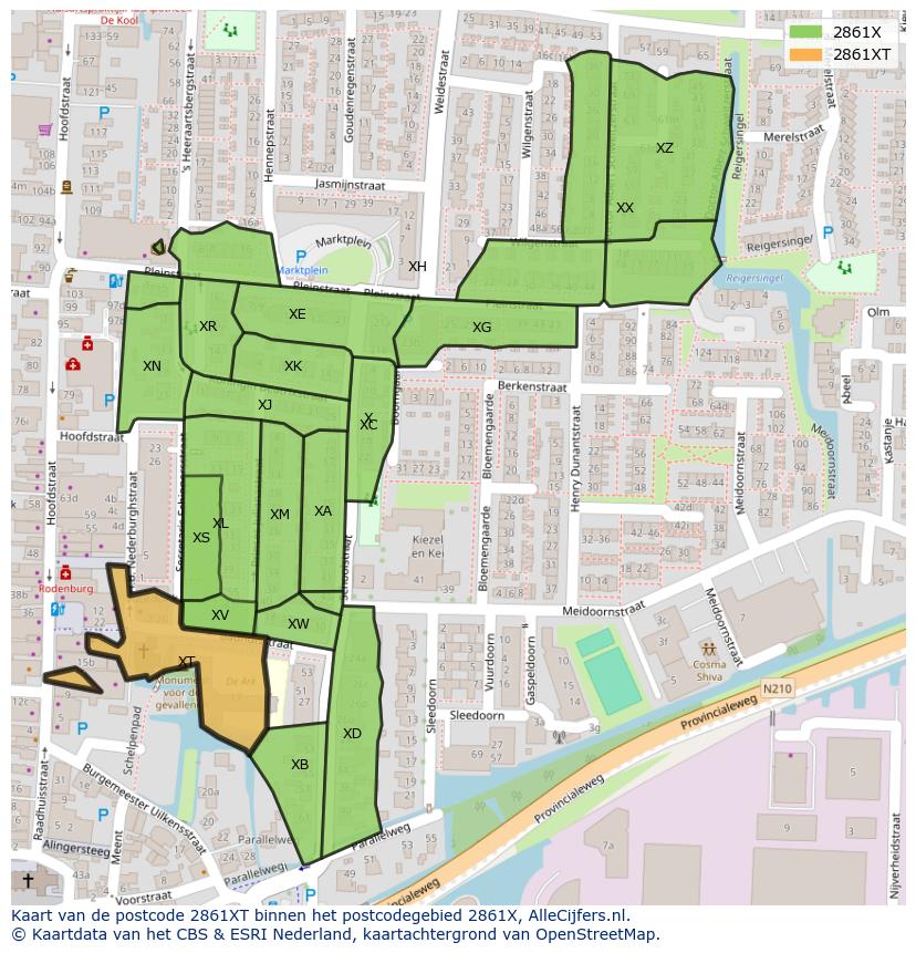 Afbeelding van het postcodegebied 2861 XT op de kaart.