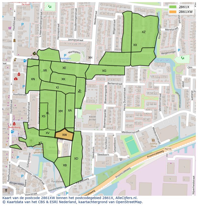 Afbeelding van het postcodegebied 2861 XW op de kaart.