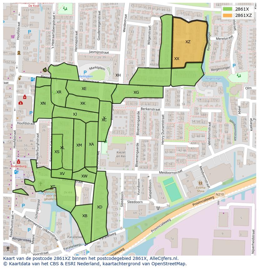 Afbeelding van het postcodegebied 2861 XZ op de kaart.