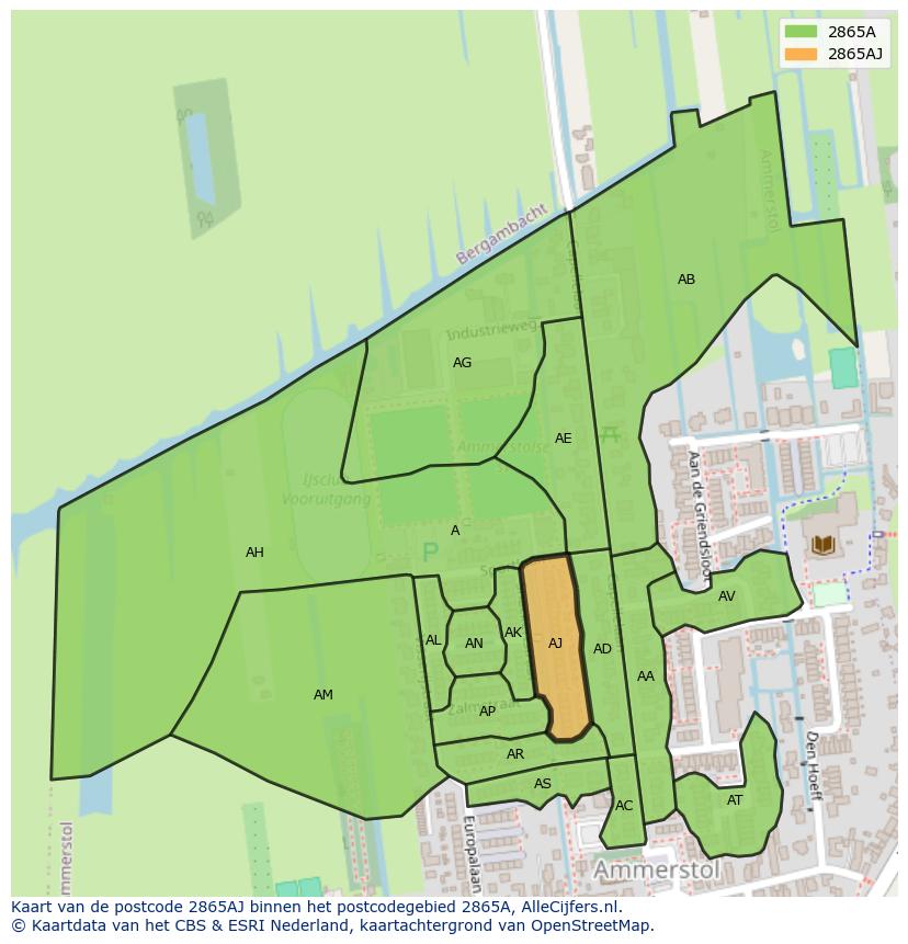 Afbeelding van het postcodegebied 2865 AJ op de kaart.