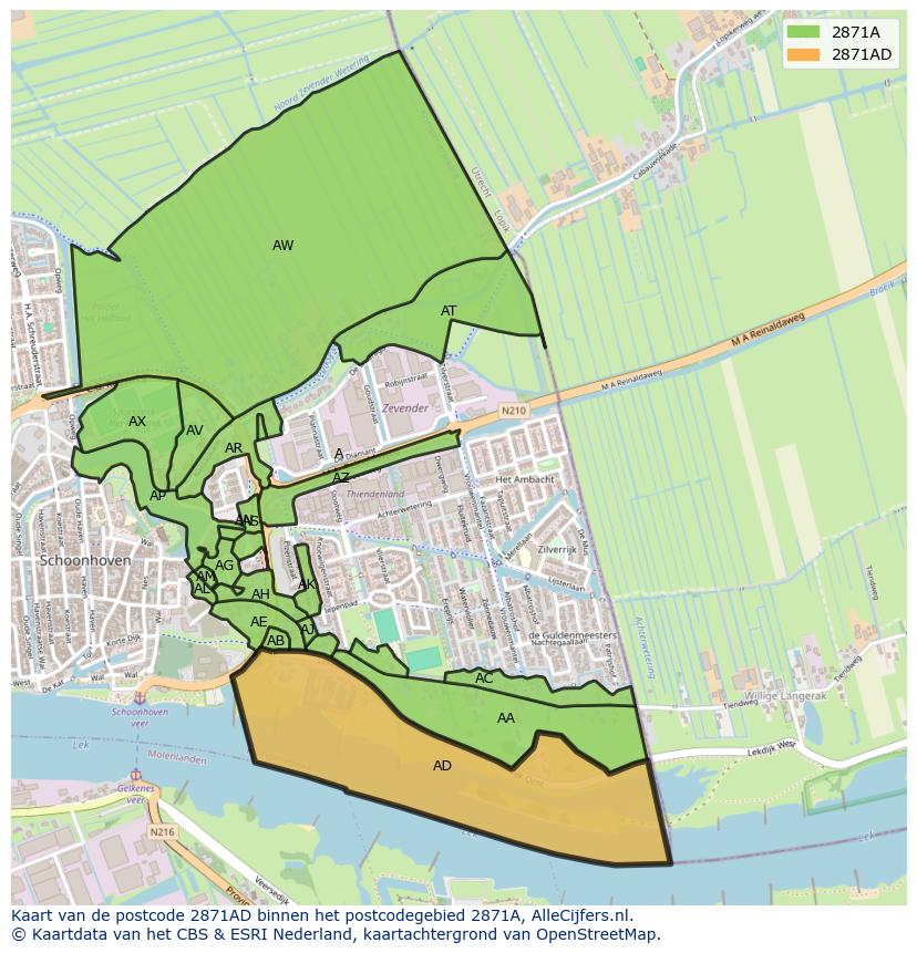 Afbeelding van het postcodegebied 2871 AD op de kaart.