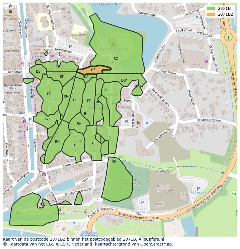 Afbeelding van het postcodegebied 2871 BZ op de kaart.