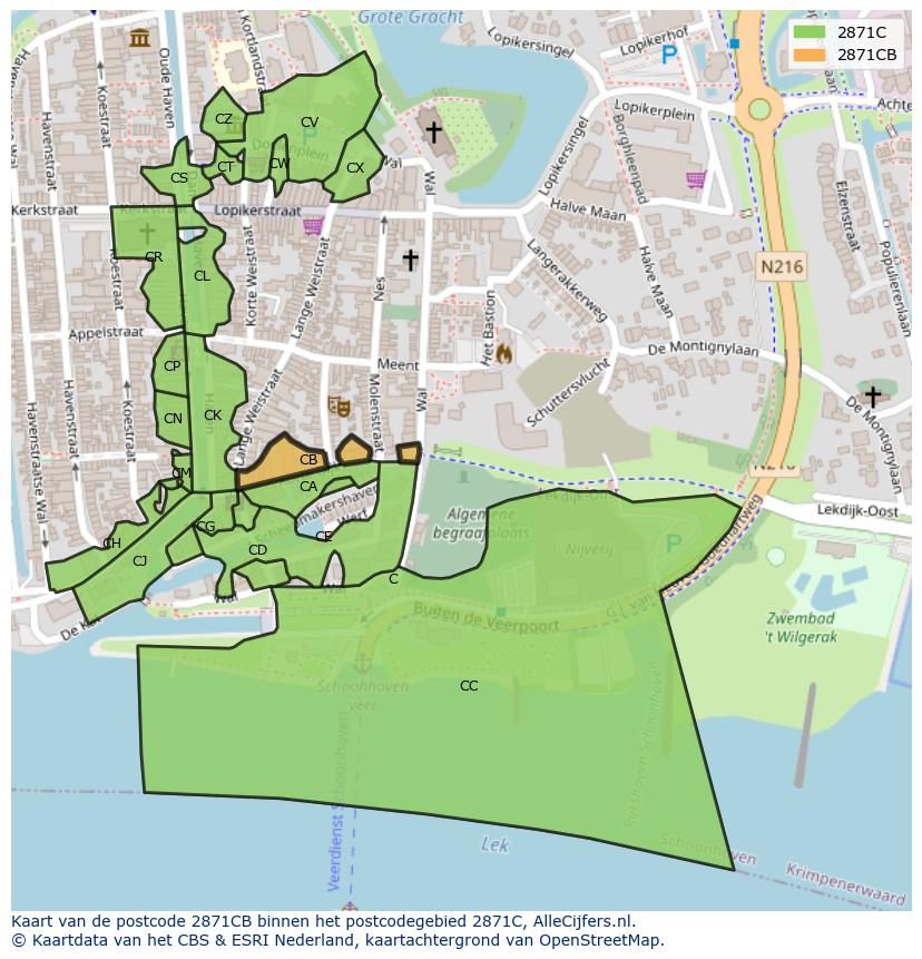 Afbeelding van het postcodegebied 2871 CB op de kaart.