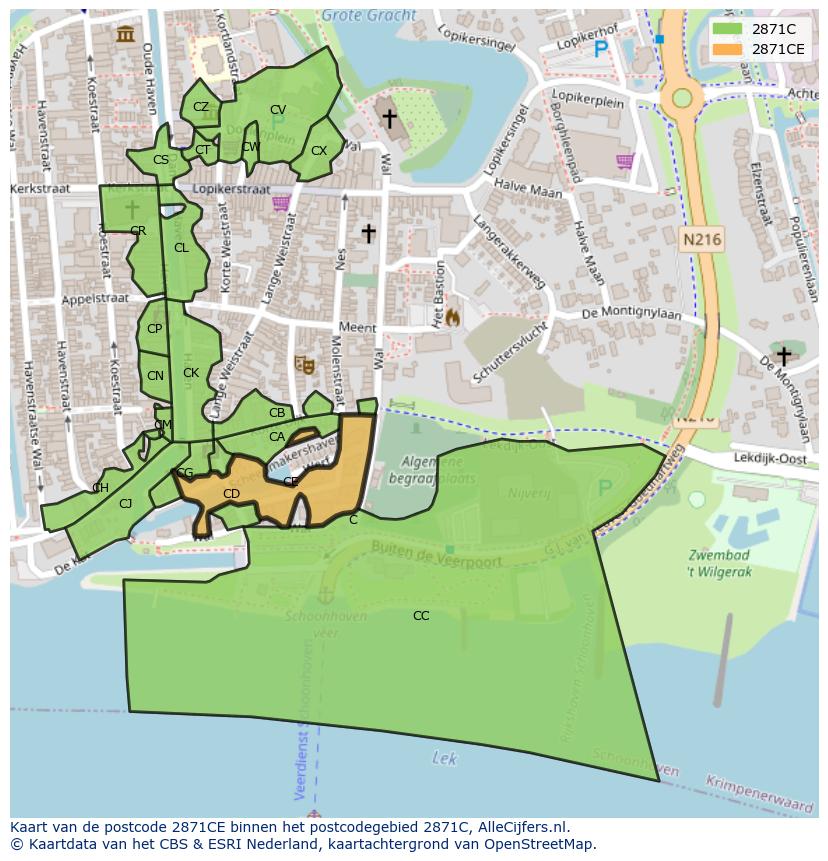 Afbeelding van het postcodegebied 2871 CE op de kaart.