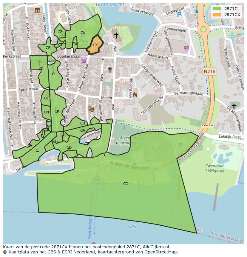 Afbeelding van het postcodegebied 2871 CX op de kaart.