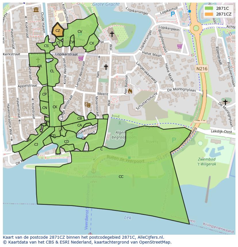 Afbeelding van het postcodegebied 2871 CZ op de kaart.