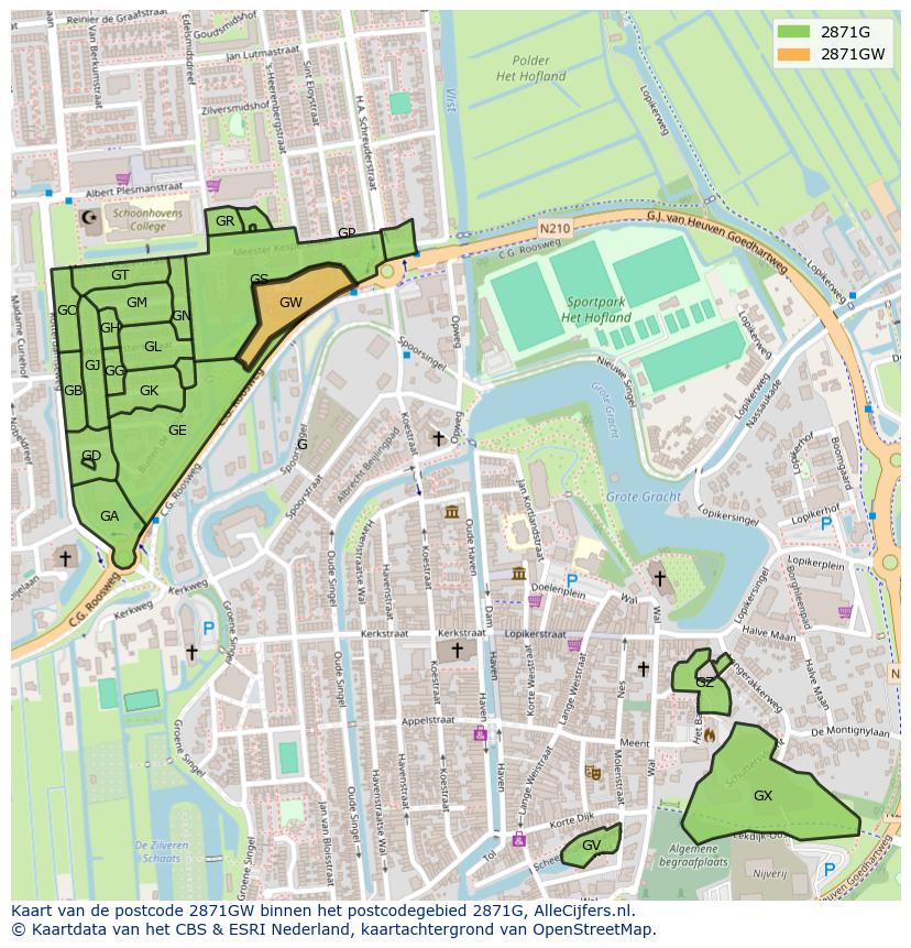 Afbeelding van het postcodegebied 2871 GW op de kaart.