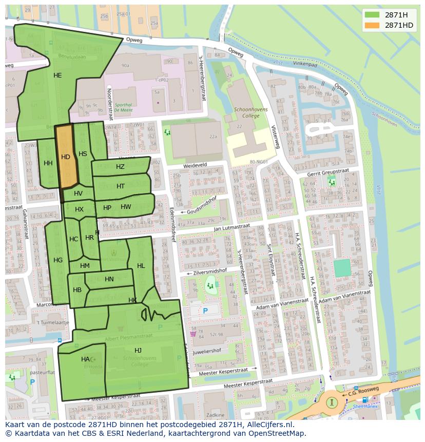 Afbeelding van het postcodegebied 2871 HD op de kaart.