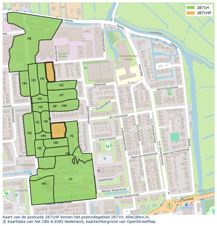 Afbeelding van het postcodegebied 2871 HP op de kaart.