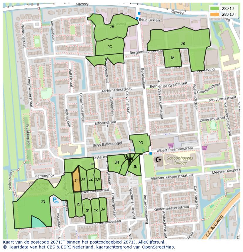 Afbeelding van het postcodegebied 2871 JT op de kaart.