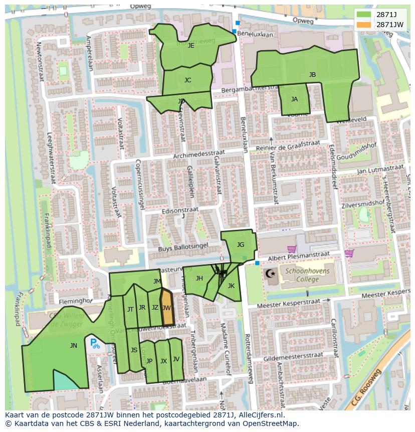Afbeelding van het postcodegebied 2871 JW op de kaart.