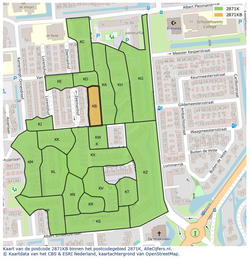 Afbeelding van het postcodegebied 2871 KB op de kaart.