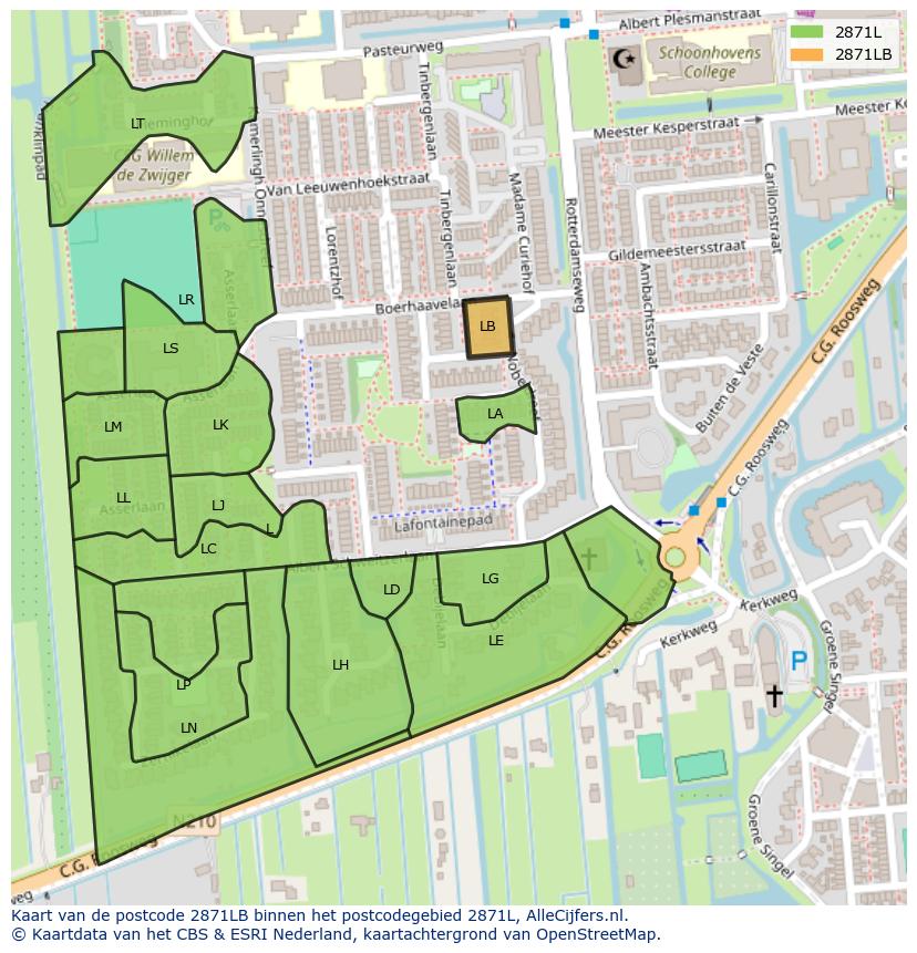 Afbeelding van het postcodegebied 2871 LB op de kaart.