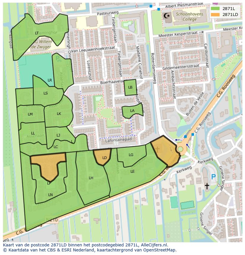 Afbeelding van het postcodegebied 2871 LD op de kaart.