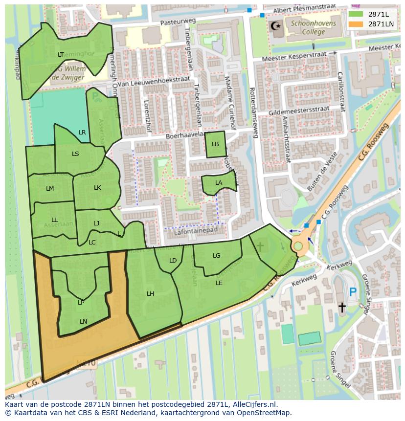 Afbeelding van het postcodegebied 2871 LN op de kaart.