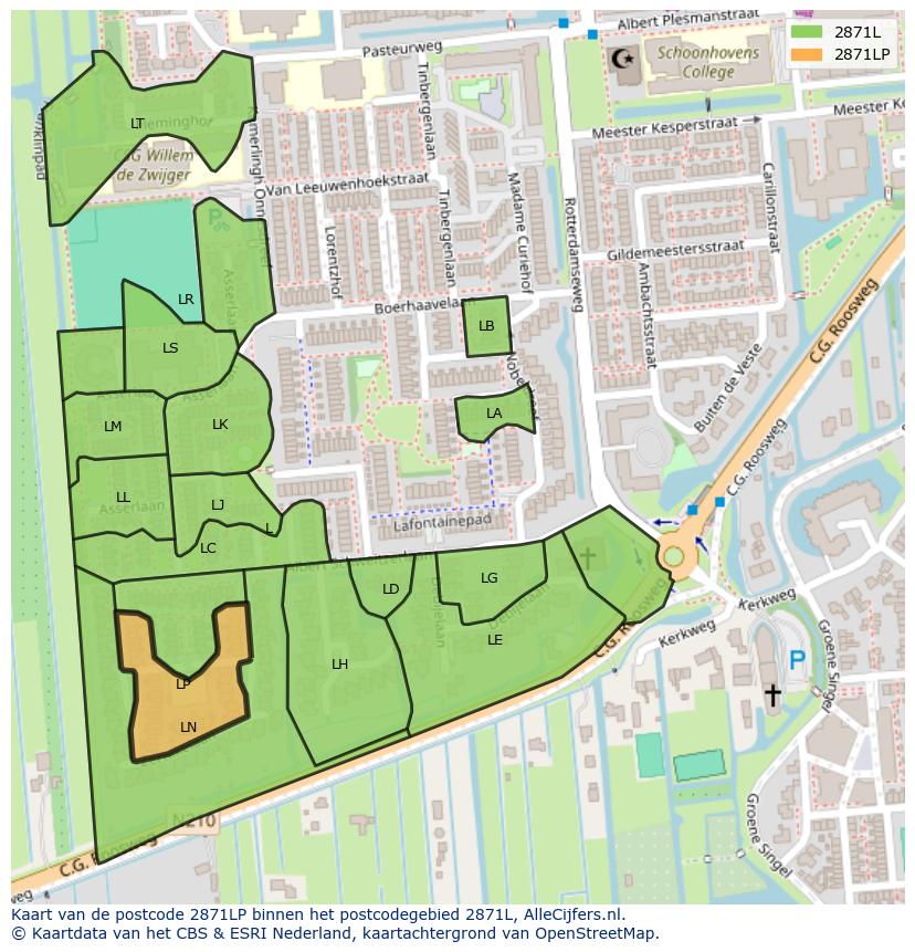 Afbeelding van het postcodegebied 2871 LP op de kaart.