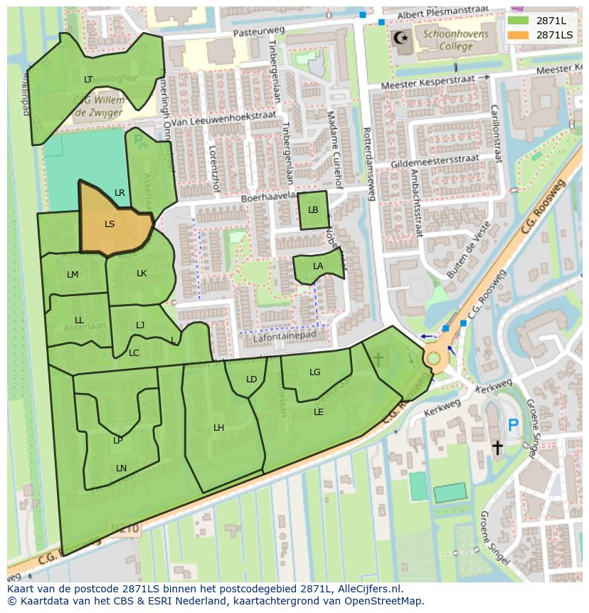 Afbeelding van het postcodegebied 2871 LS op de kaart.
