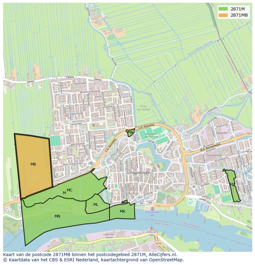 Afbeelding van het postcodegebied 2871 MB op de kaart.