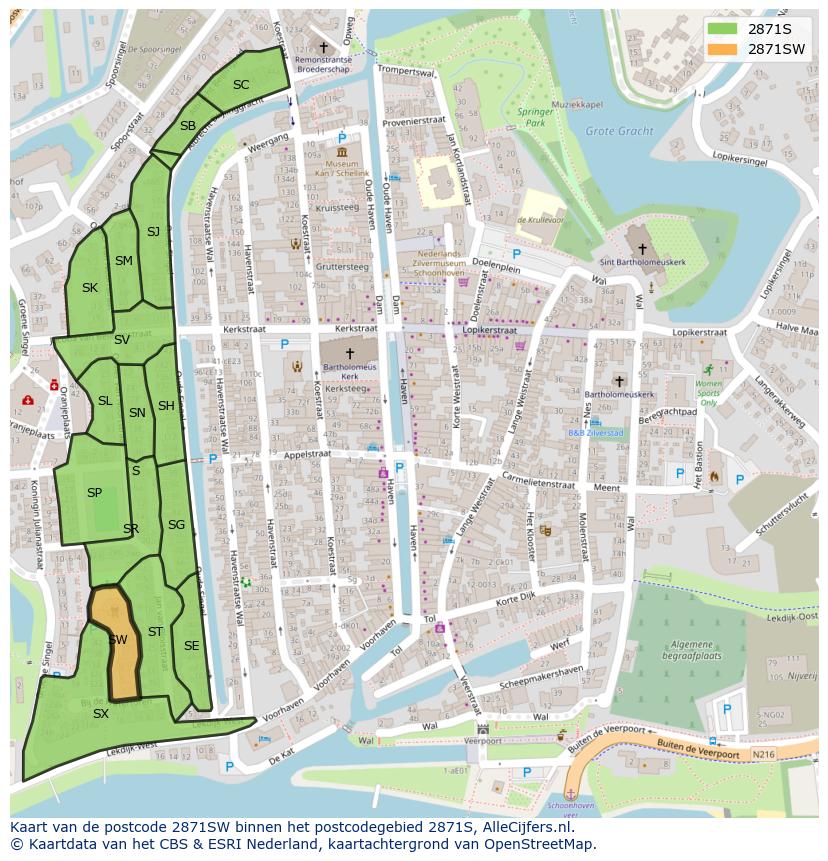 Afbeelding van het postcodegebied 2871 SW op de kaart.