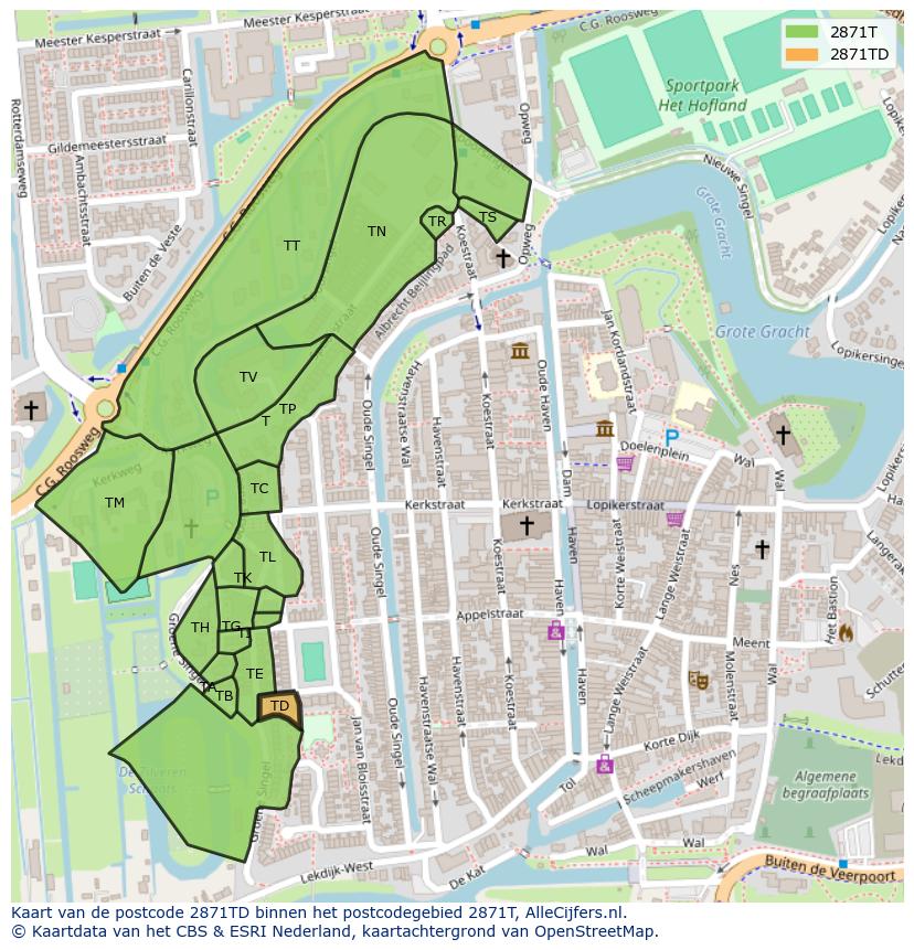 Afbeelding van het postcodegebied 2871 TD op de kaart.