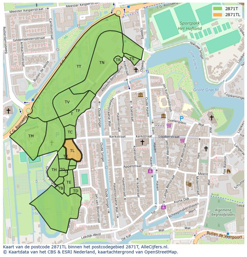 Afbeelding van het postcodegebied 2871 TL op de kaart.