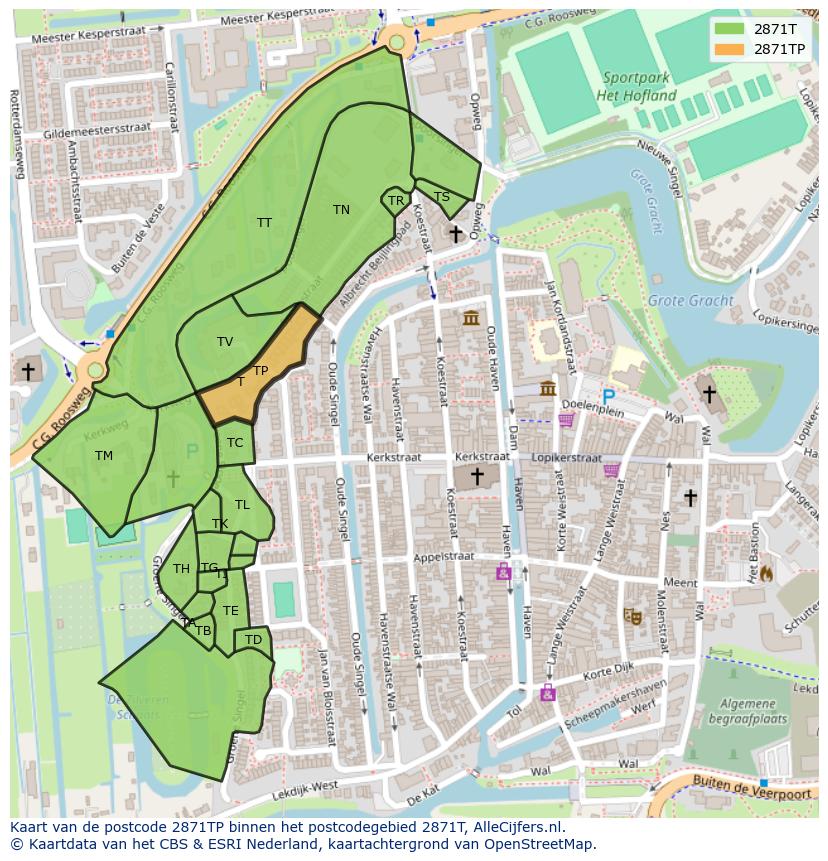 Afbeelding van het postcodegebied 2871 TP op de kaart.