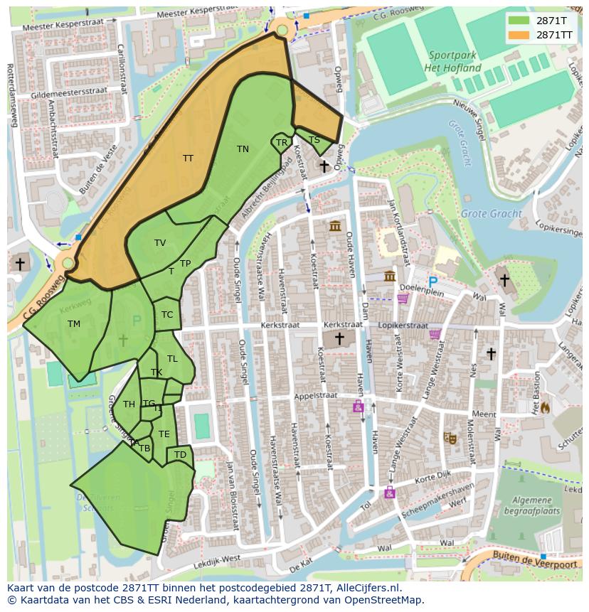 Afbeelding van het postcodegebied 2871 TT op de kaart.