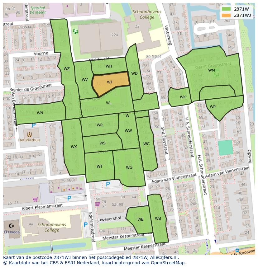 Afbeelding van het postcodegebied 2871 WJ op de kaart.